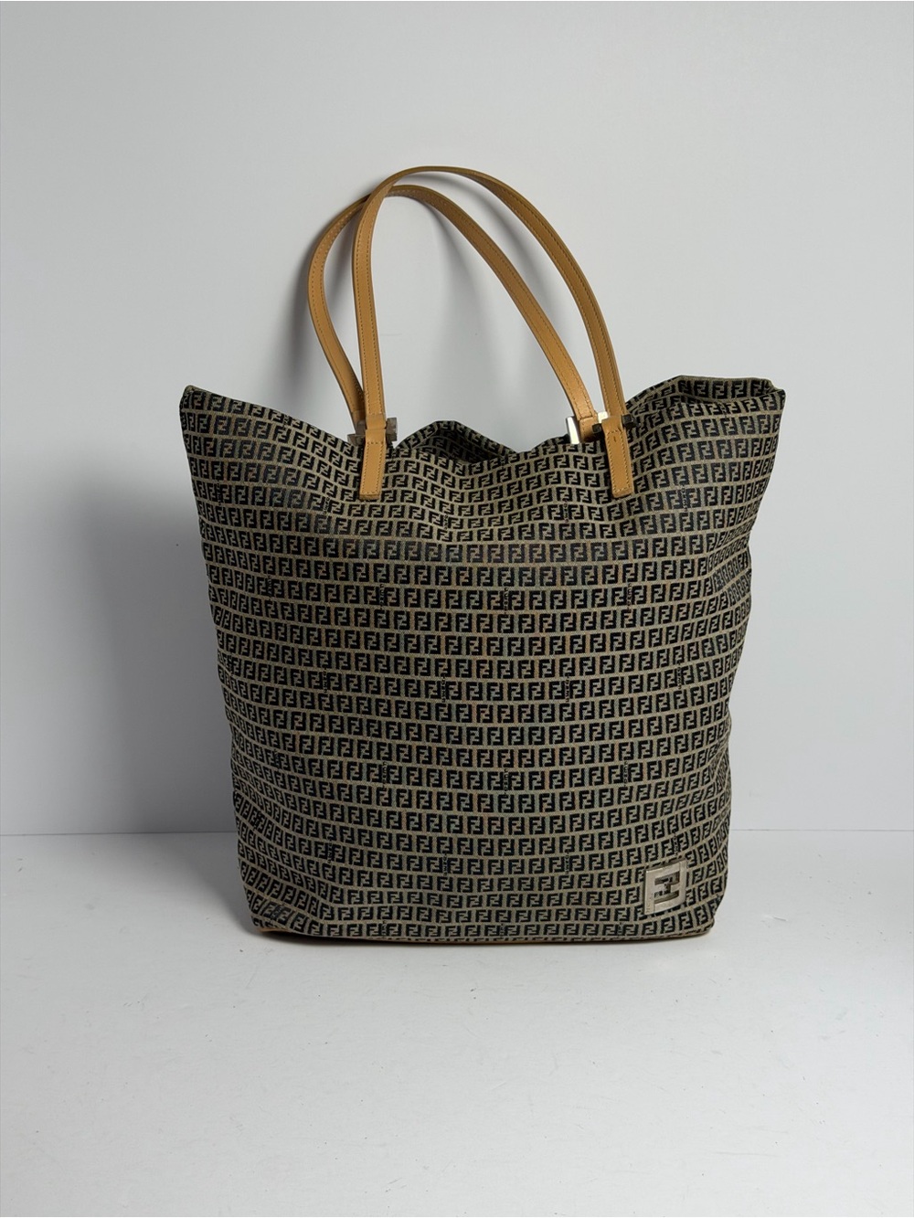 Fendi Zucchino Tote Bag Canvas with Tan Leather Straps